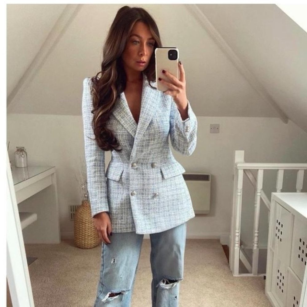 Babyblue textured  double breasted Blazer Zara  White /Skyblue